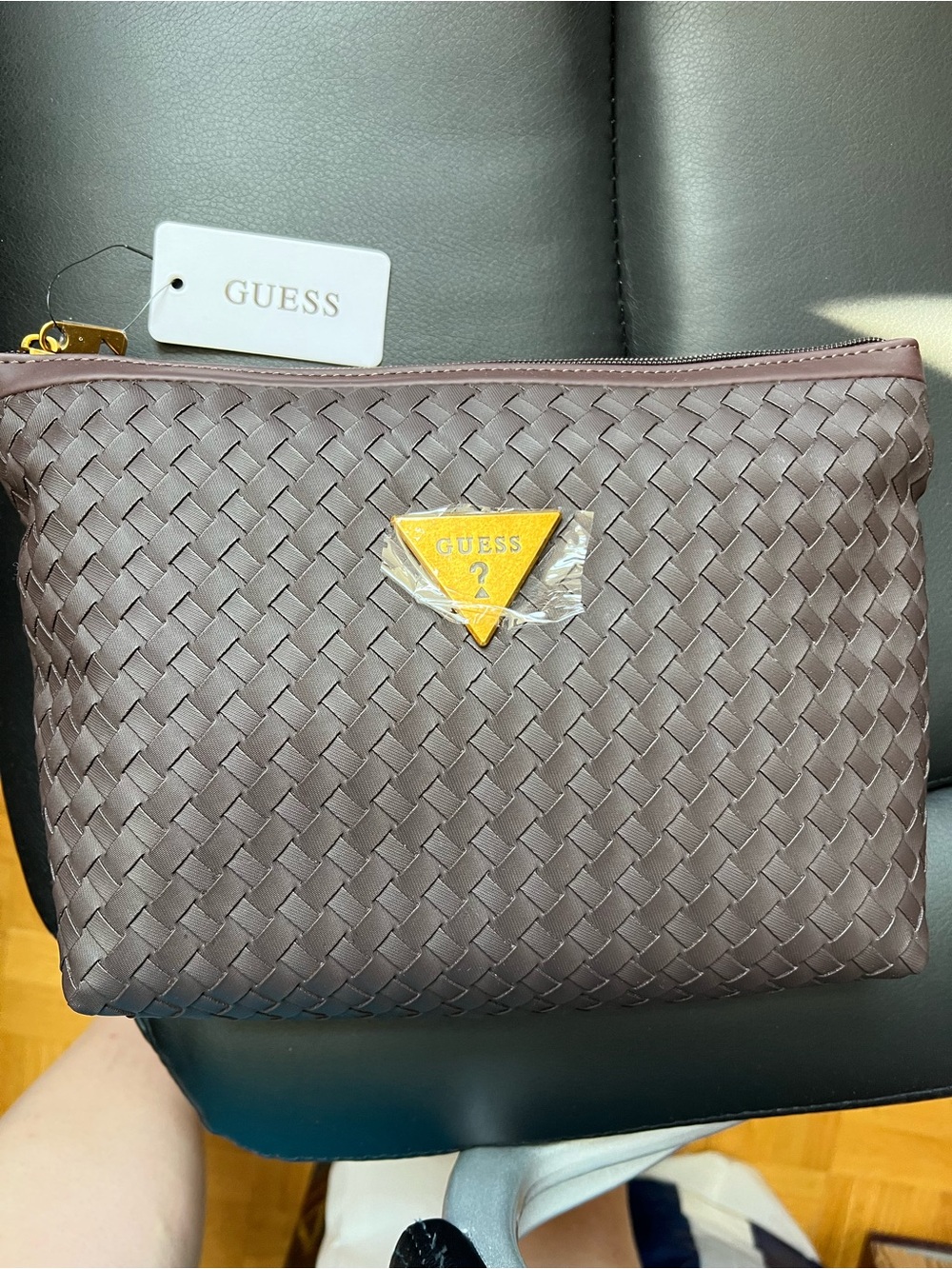 GUESS Woven Toiletry Pouch in Taupe Brown with Gold Logo
